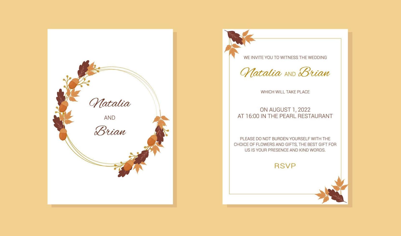 invitation de mariage avec cadre feuilles de chêne brindilles gland vecteur