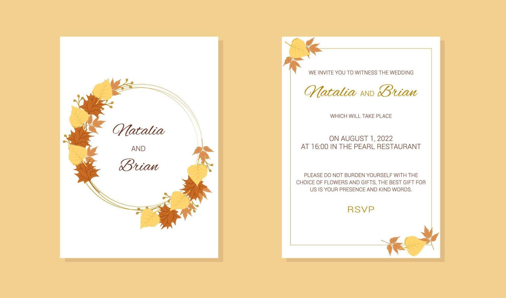 invitation de mariage avec cadre feuilles de bouleau brindilles d'érable vecteur