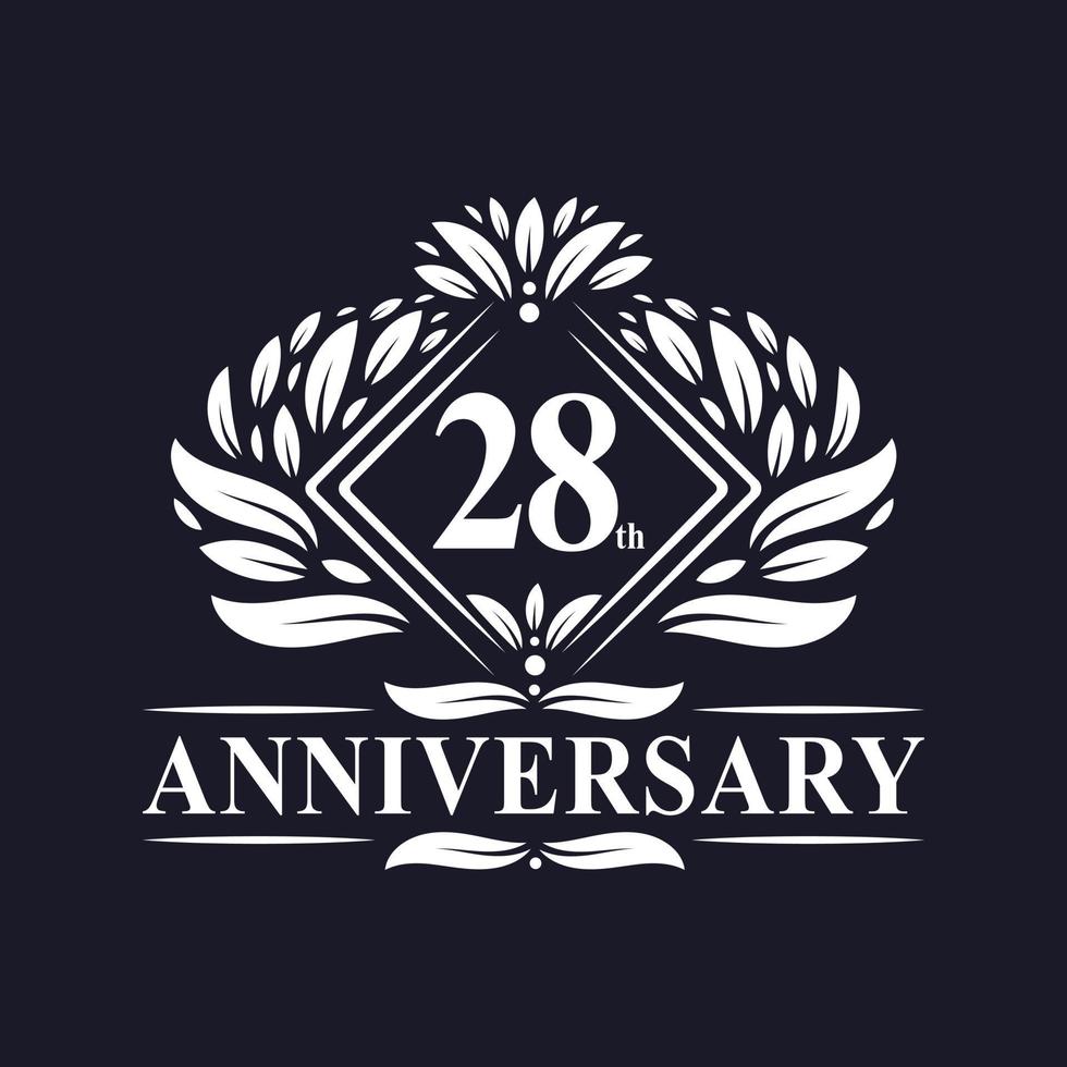 Logo anniversaire 28 ans, logo floral de luxe 28e anniversaire. vecteur