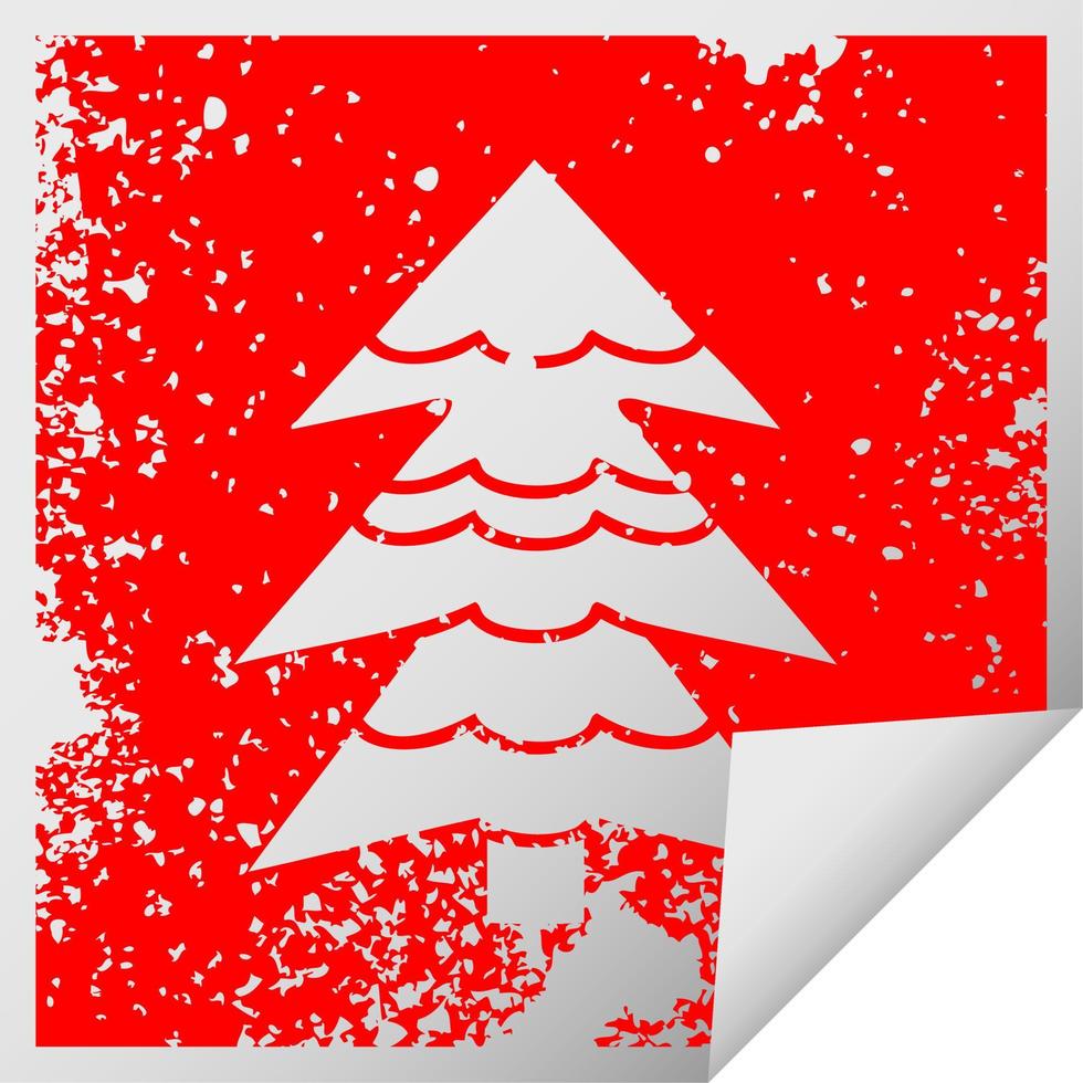 symbole d'autocollant d'épluchage carré en détresse arbre couvert de neige vecteur