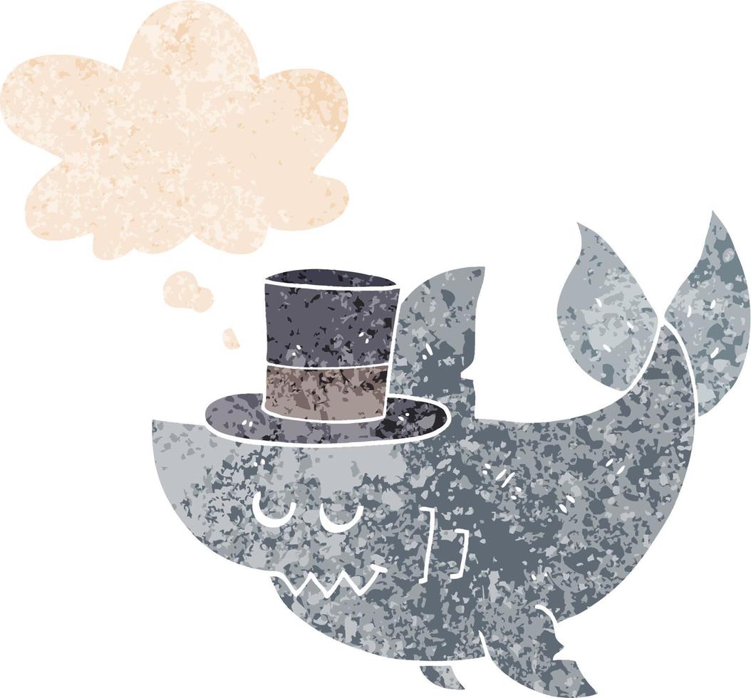 requin de dessin animé portant un chapeau haut de forme et une bulle de pensée dans un style texturé rétro vecteur