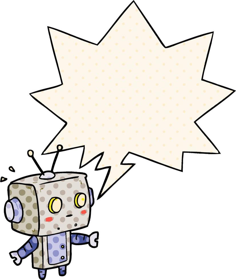 dessin animé mignon robot surpris et bulle de dialogue dans le style de la bande dessinée vecteur