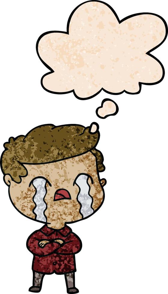 dessin animé homme pleurant et bulle de pensée dans le style de motif de texture grunge vecteur