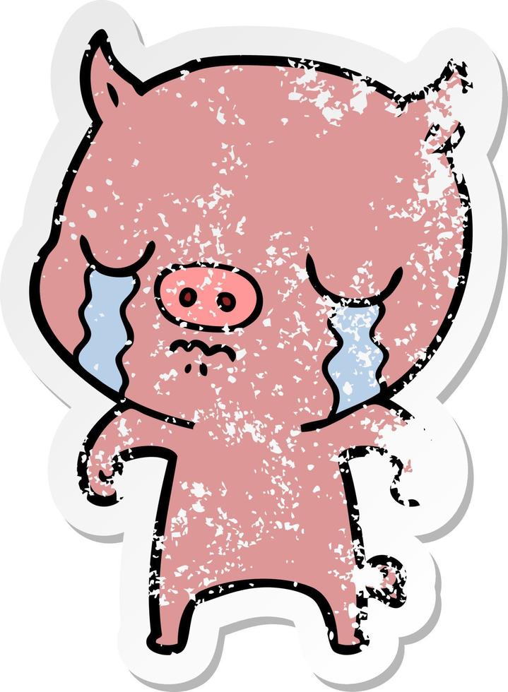 autocollant en détresse d'un cochon de dessin animé qui pleure vecteur