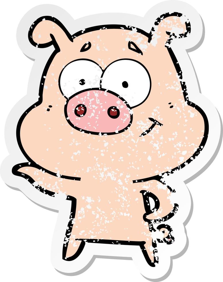autocollant en détresse d'un cochon de dessin animé pointant vecteur