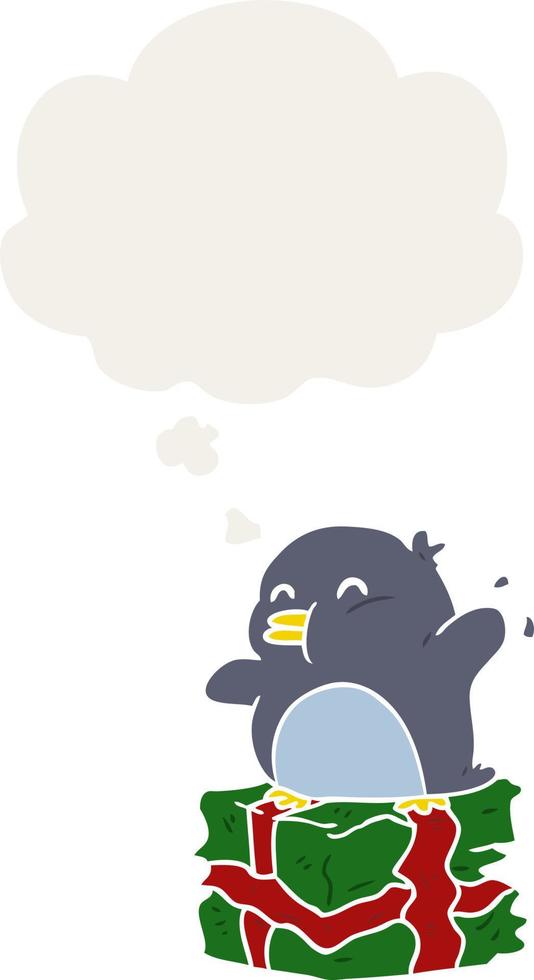 pingouin de dessin animé sur le présent et la bulle de pensée dans un style rétro vecteur