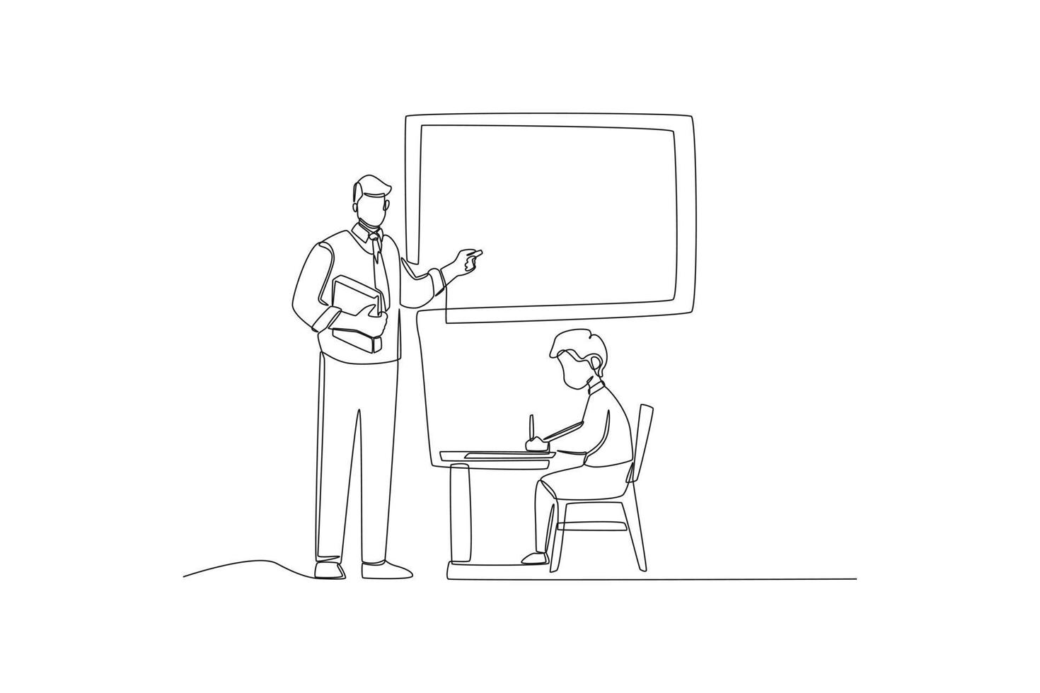 un seul dessin au trait enseignant masculin debout au tableau blanc enseignant une leçon à un élève du primaire. concept de la journée internationale des enseignants. illustration vectorielle graphique de conception de dessin en ligne continue. vecteur