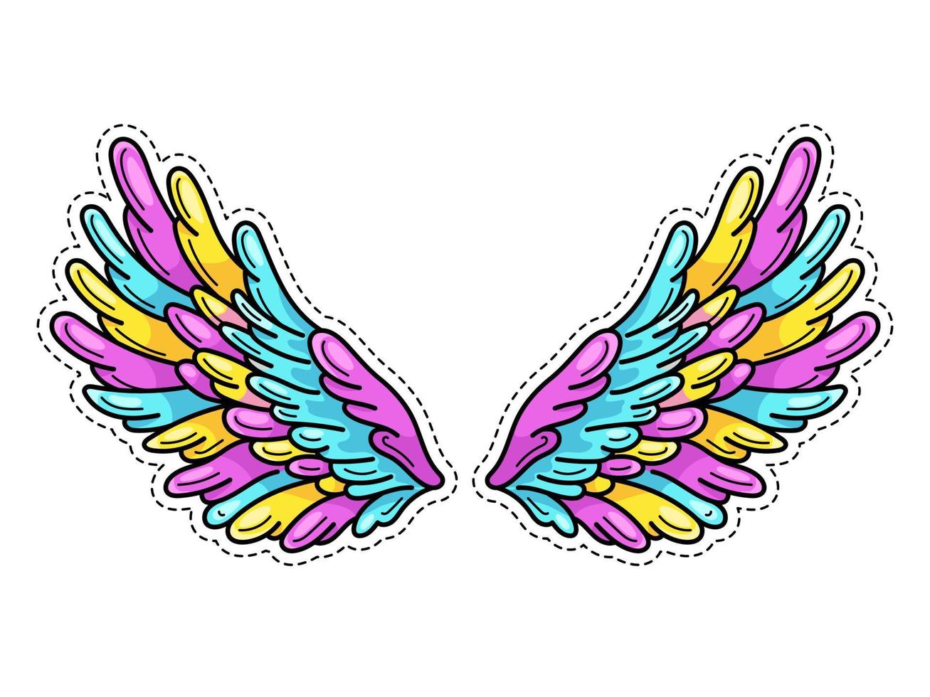 autocollant d'ailes magiques dans le style de bande dessinée pop art des années 80-90. ailes d'ange largement déployées. élément de patch à la mode rétro inspiré des vieux dessins animés. illustration vectorielle isolée sur blanc. vecteur