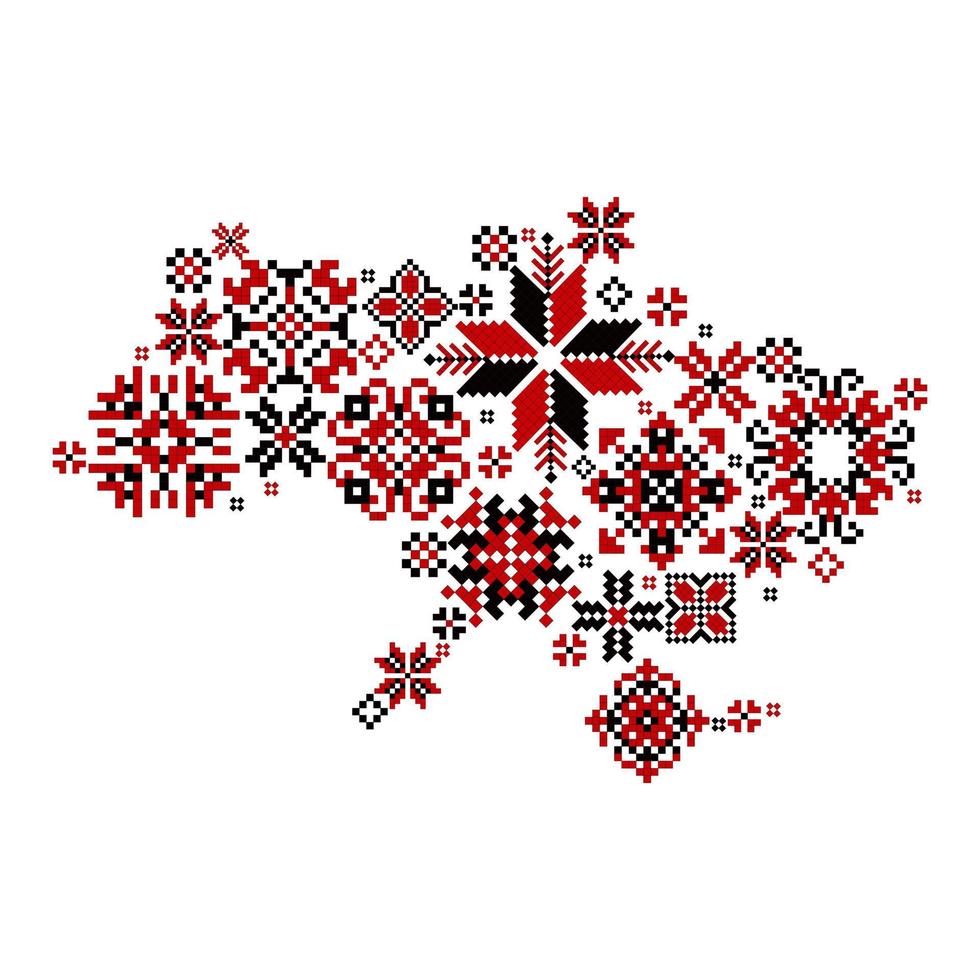 carte de l'ukraine dans les couleurs traditionnelles du motif de broderie - rouge et noir. soutenir l'ukraine. élément de conception politique ou géographique. illustration vectorielle. vecteur