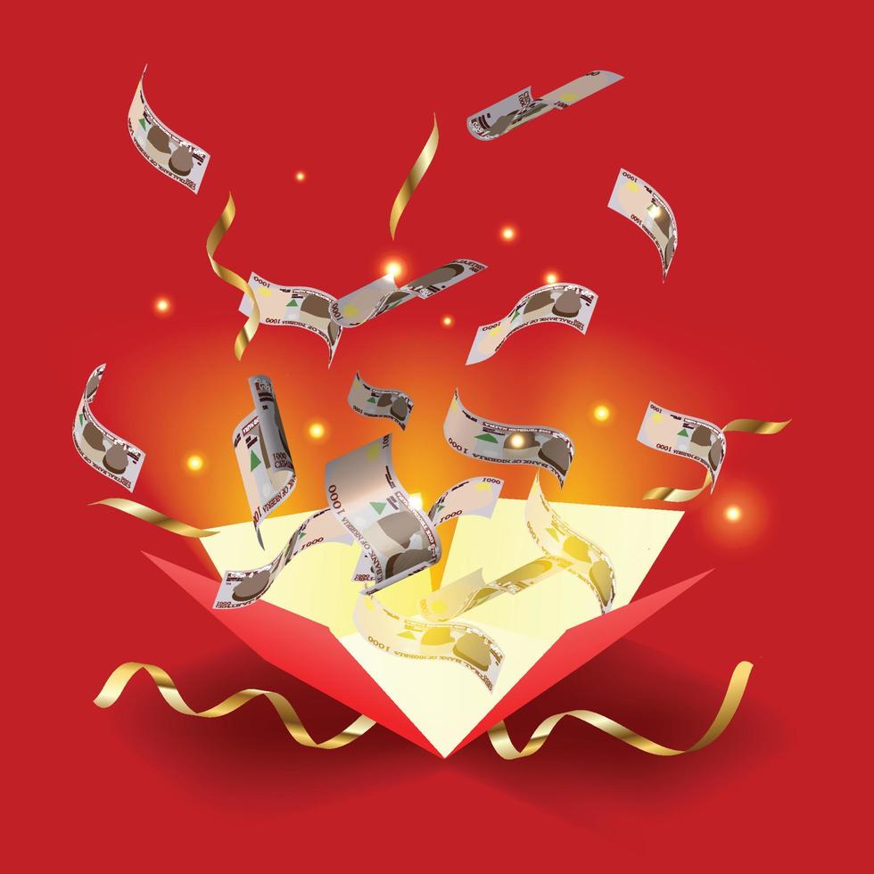 illustration vectorielle d'un lot de 1000 notes de naira nigérian sortant d'une boîte cadeau rouge ouverte. argent volant hors de la boîte, eps vecteur