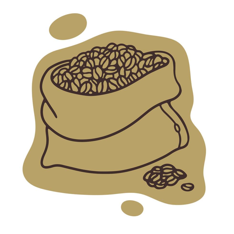 illustration vectorielle de doodle de contour de sac de grains de café. sac de jute sur fond de taches de couleur. vecteur