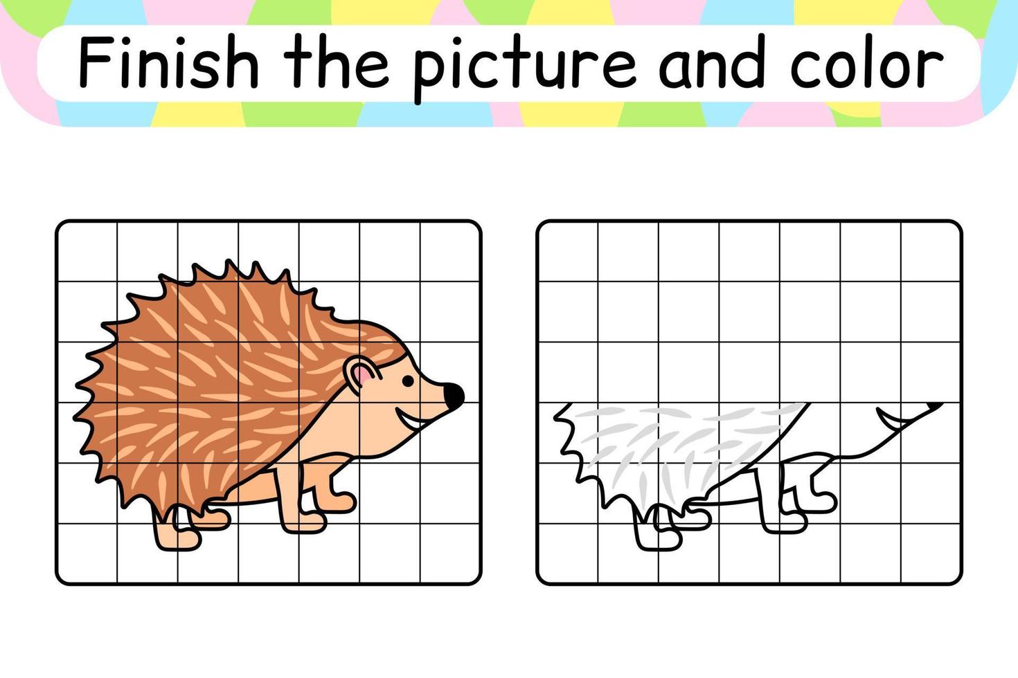 compléter le tableau hérisson. copier l'image et la couleur. terminer l'image. livre de coloriage. jeu d'exercices de dessin éducatif pour les enfants vecteur