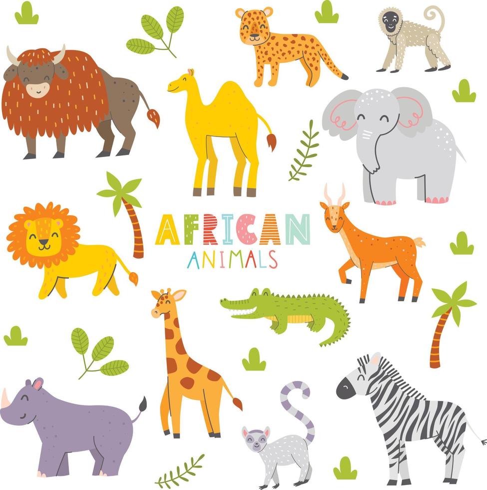 grand ensemble d'animaux africains. personnages mignons pour les enfants. illustration enfantine de vecteur