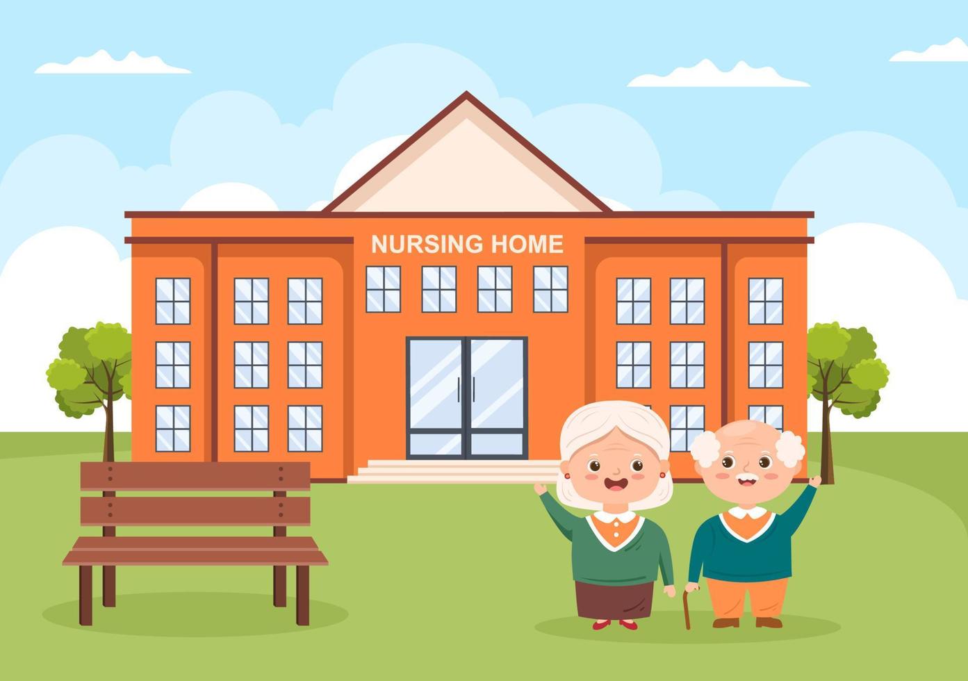 services de soins aux personnes âgées illustration plate de dessin animé dessiné à la main avec soignant, maison de retraite, vie assistée et conception de soutien vecteur