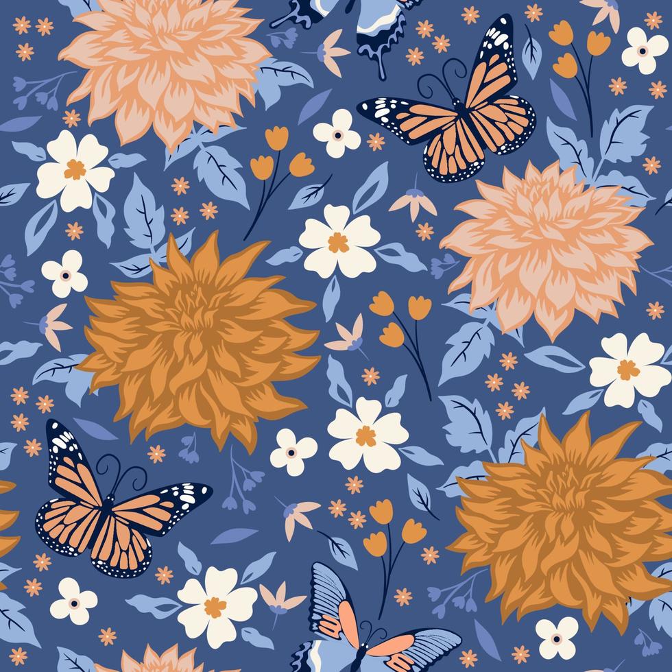 modèle sans couture avec fleurs et papillons. graphiques vectoriels. vecteur