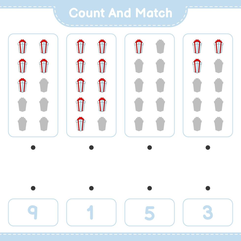 comptez et faites correspondre, comptez le nombre de coffrets cadeaux et faites correspondre les bons numéros. jeu éducatif pour enfants, feuille de calcul imprimable, illustration vectorielle vecteur