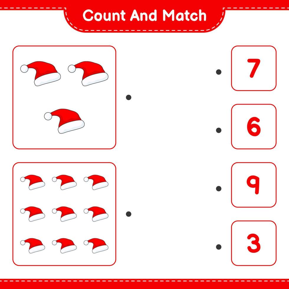 comptez et faites correspondre, comptez le nombre de bonnets de noel et faites correspondre les bons chiffres. jeu éducatif pour enfants, feuille de calcul imprimable, illustration vectorielle vecteur