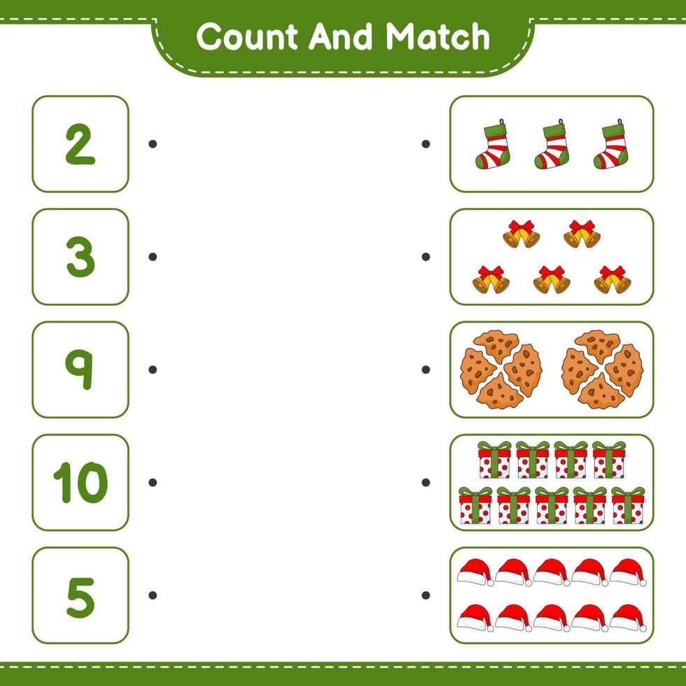 compter et faire correspondre, compter le nombre de chapeau, cloche, chaussette et faire correspondre les bons numéros. jeu éducatif pour enfants, feuille de calcul imprimable, illustration vectorielle vecteur