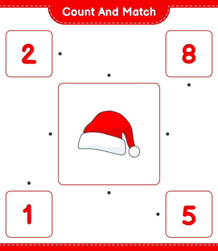 comptez et faites correspondre, comptez le nombre de bonnets de noel et faites correspondre les bons chiffres. jeu éducatif pour enfants, feuille de calcul imprimable, illustration vectorielle vecteur