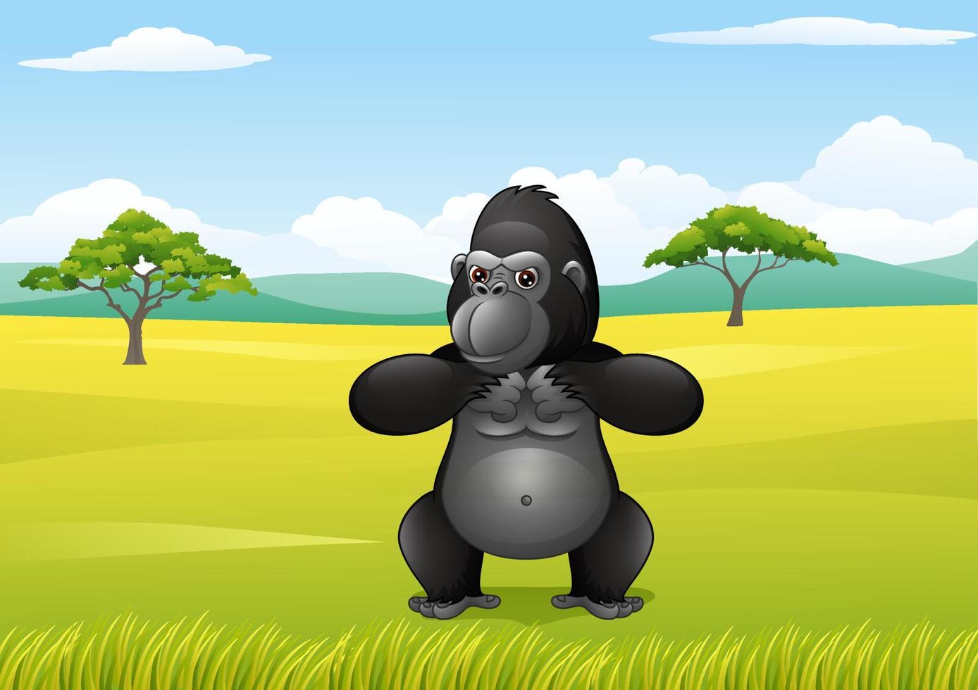 gorille de dessin animé dans le paysage de savane vecteur