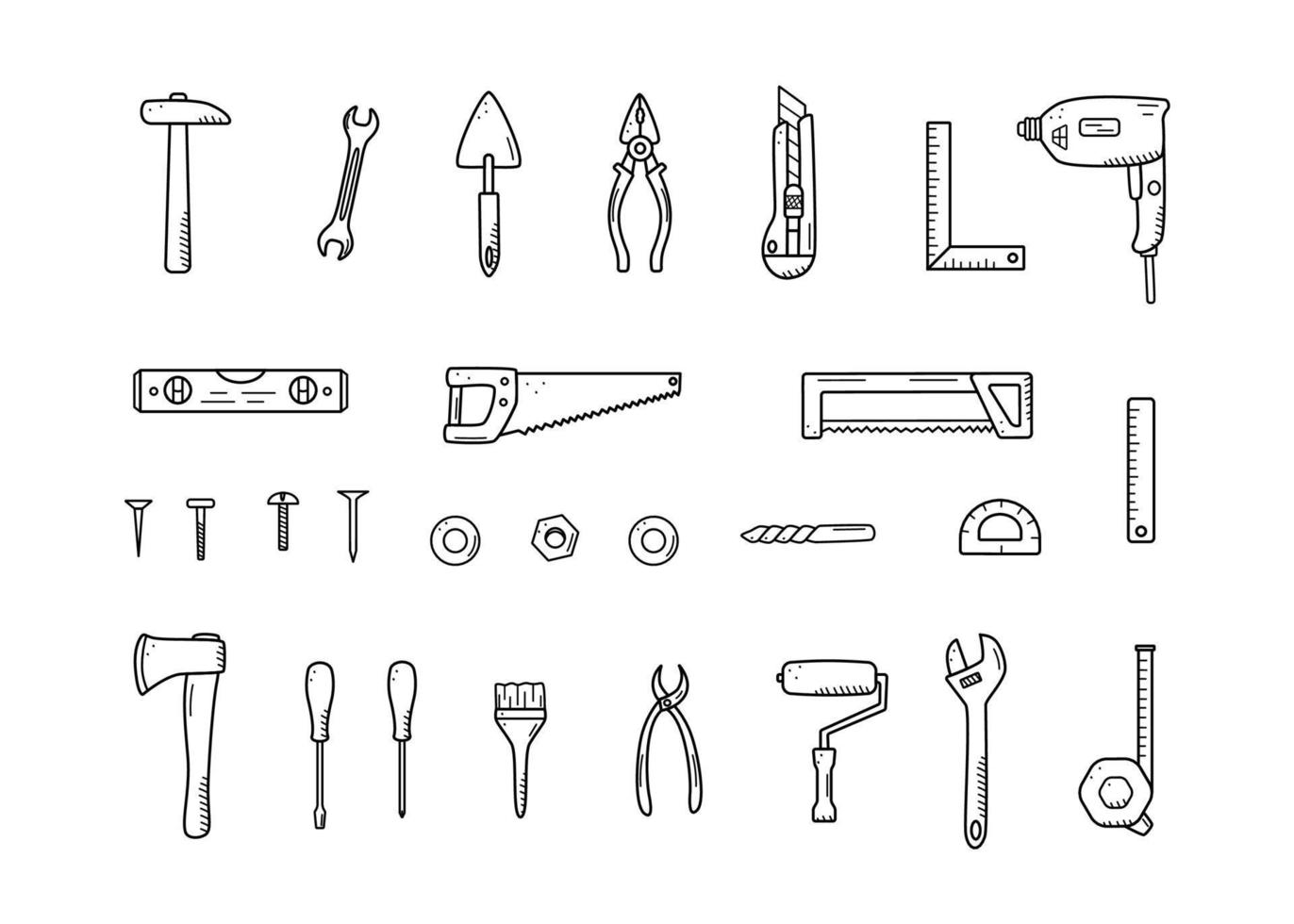 outils de construction, ensemble vectoriel d'éléments de réparation doodle, icônes de dessin animé