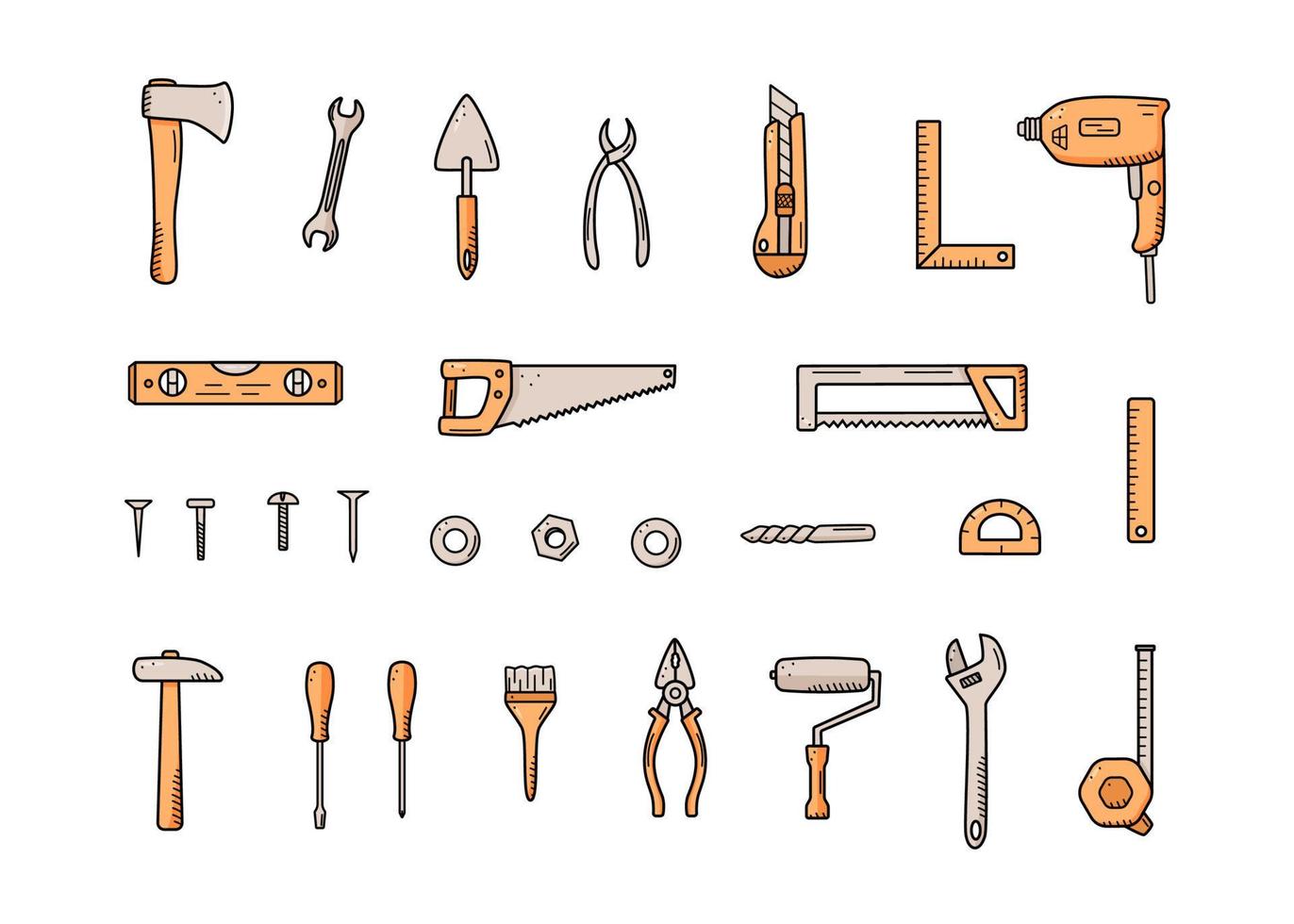 outils de construction, ensemble vectoriel d'éléments de réparation doodle, icônes de dessin animé