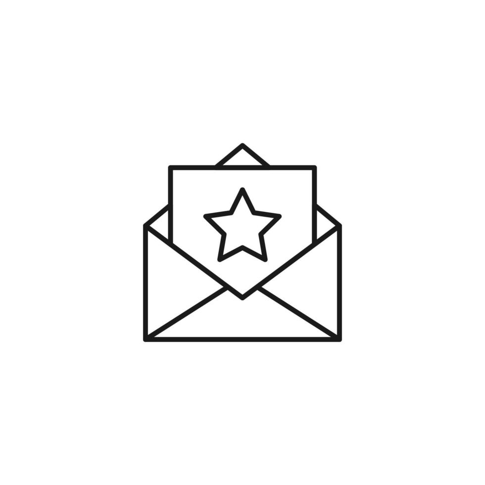 signe monochrome de poste et de lettre. symbole de plan dessiné avec une fine ligne noire. adapté aux sites Web, aux applications, aux magasins, aux magasins, etc. icône vectorielle d'étoile sur la lettre dans l'enveloppe vecteur