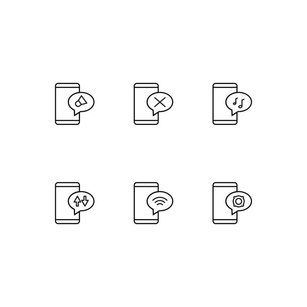 symbole de contour dans un style plat moderne adapté à la publicité, aux livres, aux magasins. icône de ligne sertie d'icônes de haut-parleur, croix, note de musique, flèches, internet, bouée de sauvetage à l'intérieur de la bulle sur le téléphone vecteur