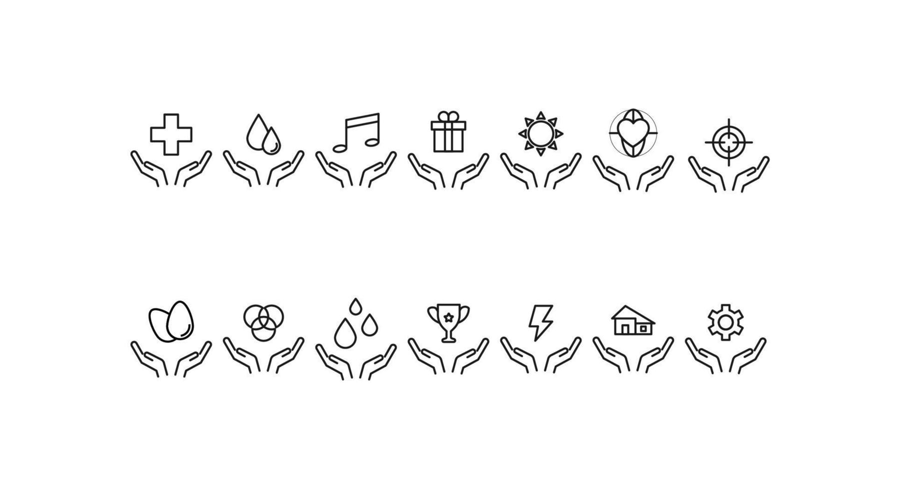 concept de charité et de philanthropie. symboles de contour vectoriels modernes dessinés avec une ligne mince. collection d'icônes de ligne. icônes de plus, gouttes, soleil, coeur, engrenage, oeufs, maison sur les mains ouvertes vecteur