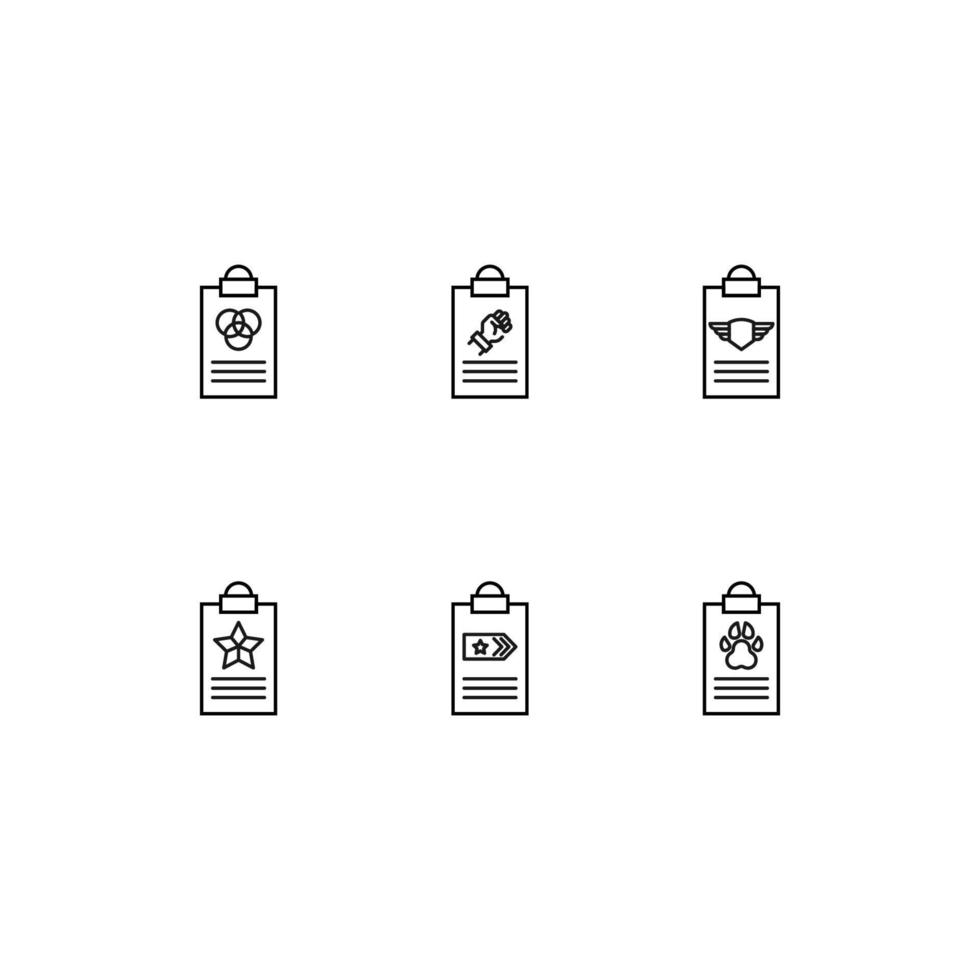 symbole de contour dans un style plat moderne adapté à la publicité, aux livres, aux magasins. icône de ligne sertie d'icônes de cercles croisés, main pliée, étoile de l'armée et ordre, patte sur le presse-papiers vecteur