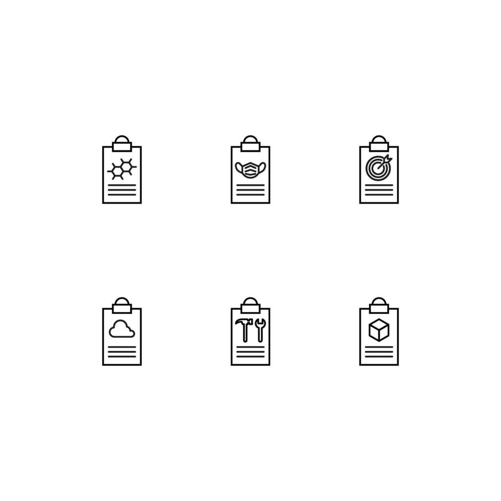 symbole de contour dans un style plat moderne adapté à la publicité, aux livres, aux magasins. icône de ligne sertie d'icônes de masque facial, cible, nuage, vis, hamster, cube sur presse-papiers vecteur