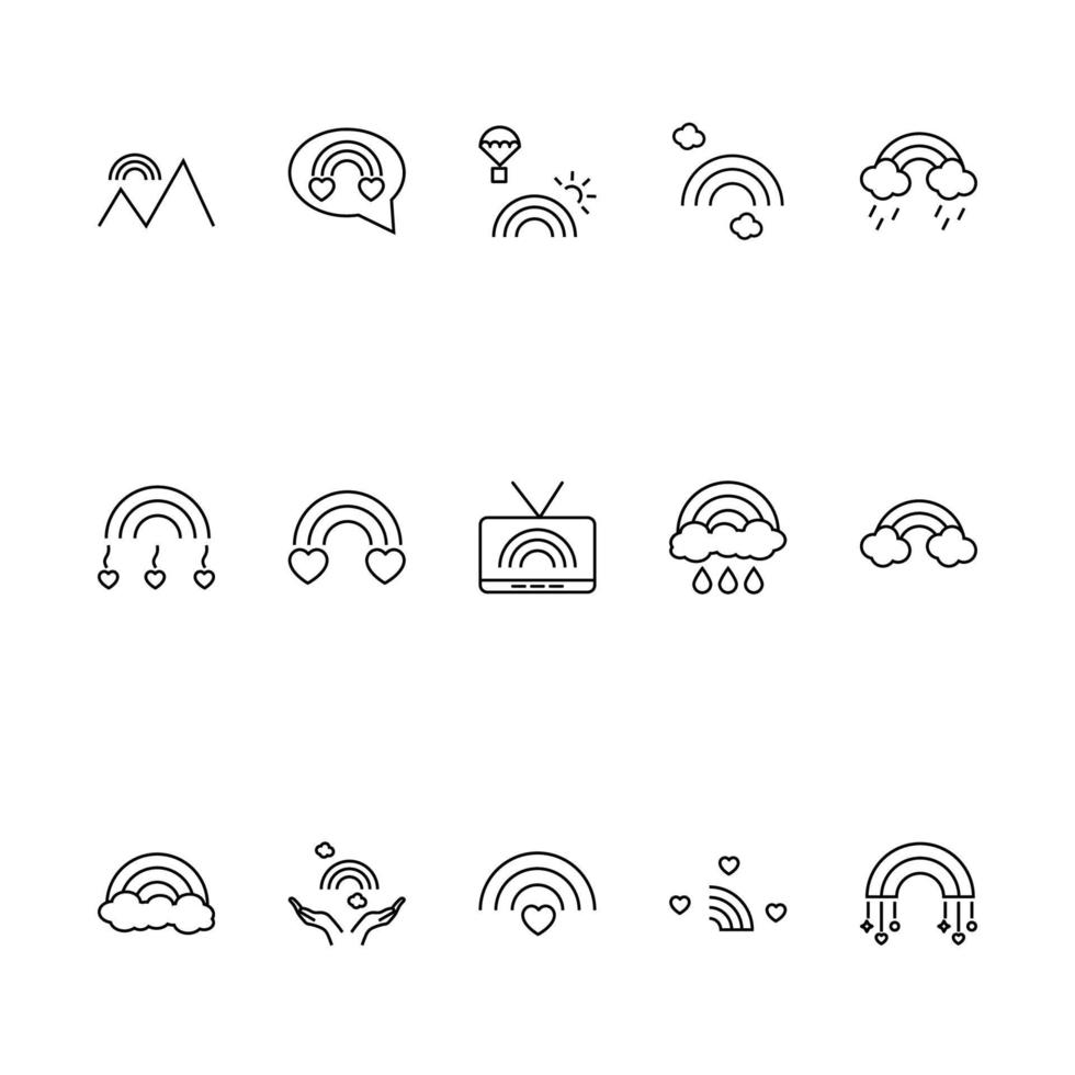 signe vectoriel dans un style plat moderne. convient aux pages Web, aux boutiques Internet, aux magasins, aux publicités, aux enseignes. icône de ligne sertie d'icônes de montagnes, ballon, pluie, nuages, etc. à côté de l'arc-en-ciel