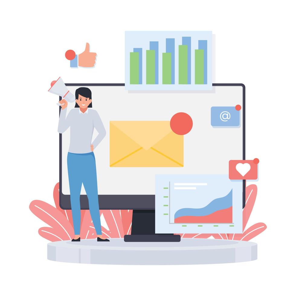 une femme se tient avec un mégaphone devant un moniteur et une icône marketing autour de l'illustration pour le marketing par e-mail vecteur