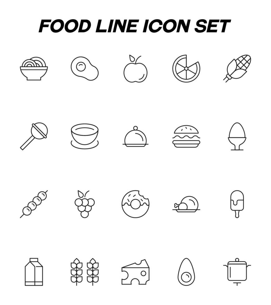 concept alimentaire et nutritionnel. illustrations monochromes minimalistes dessinées avec une fine ligne noire. icônes vectorielles de nouilles japonaises, pomme, orange, maïs, avocat, sucré, etc. vecteur