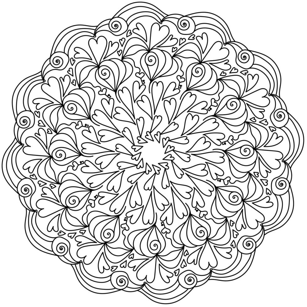 mandala avec coeurs ornés et clés, coloriage zen pour la saint valentin vecteur