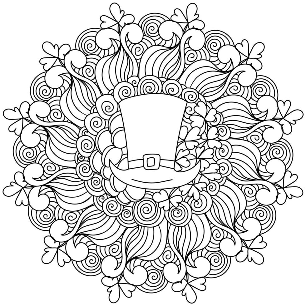 Coloriage mandala de la Saint-Patrick, chapeau de lutin, trèfle et motifs complexes en zen vecteur