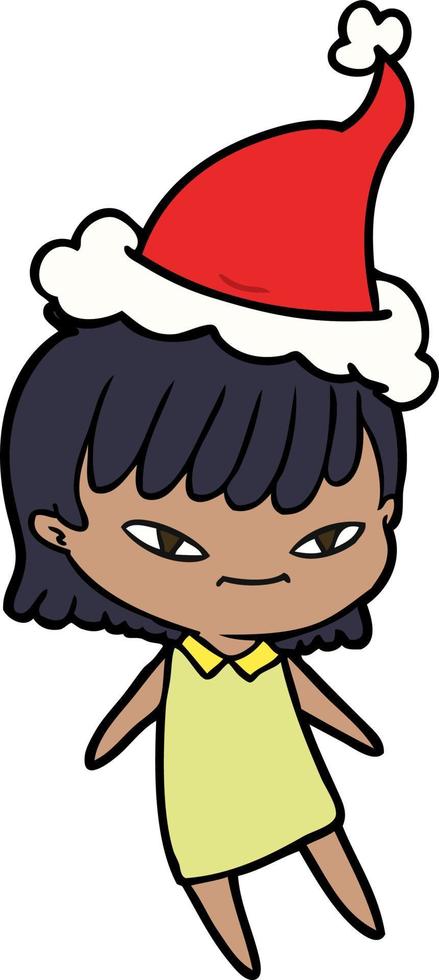 dessin au trait d'une femme portant un bonnet de noel vecteur