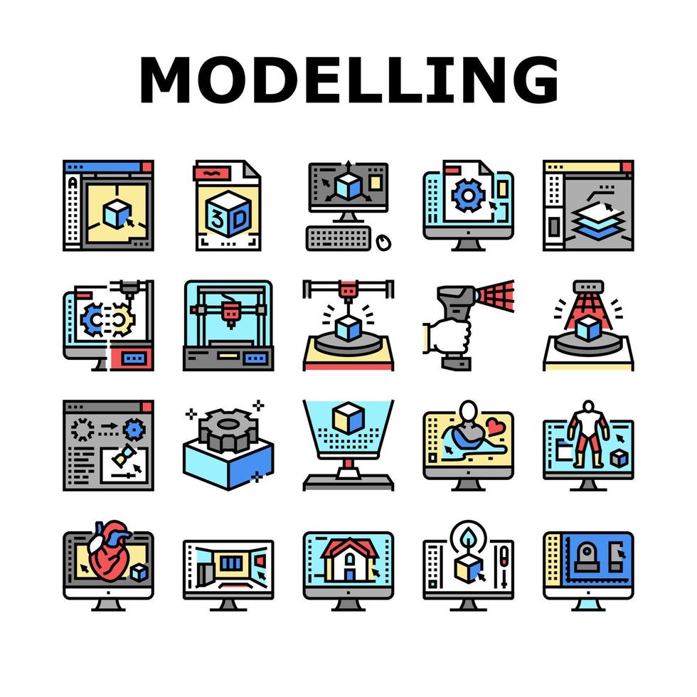 logiciel de modélisation 3d et icônes de périphérique set vector