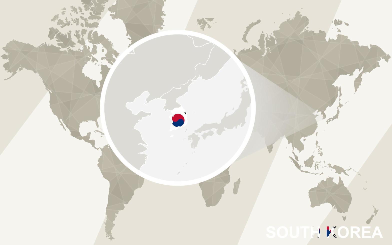 zoom sur la carte et le drapeau de la corée du sud. carte du monde. vecteur