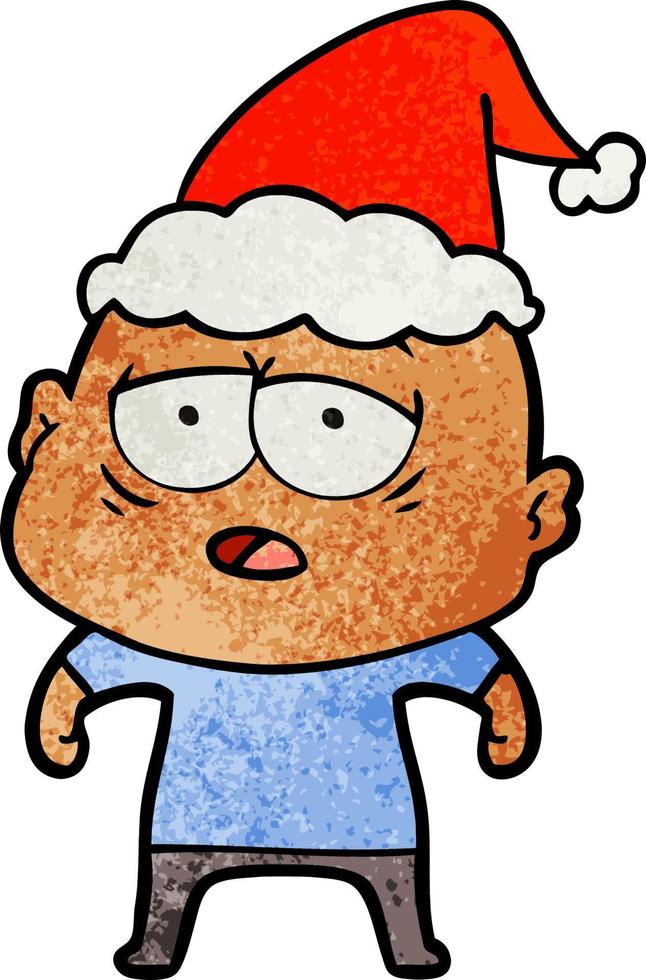 dessin animé texturé d'un homme chauve fatigué portant un bonnet de noel vecteur