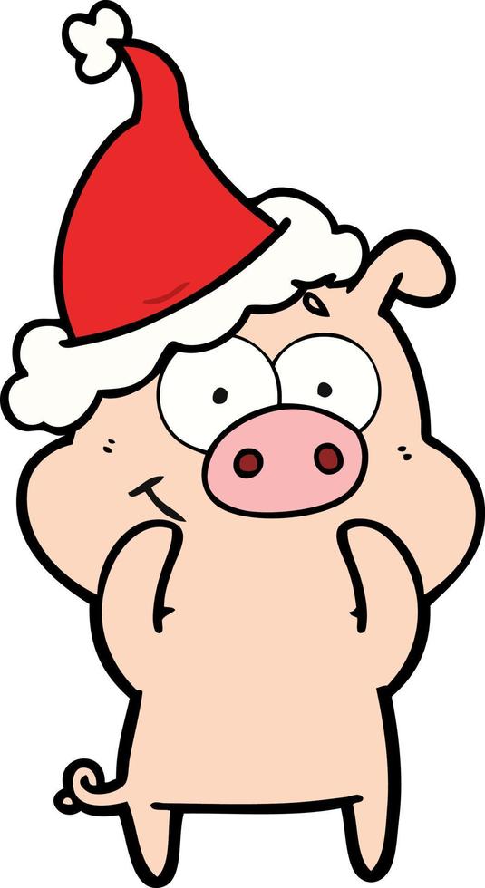 heureux dessin au trait d'un cochon portant un bonnet de noel vecteur