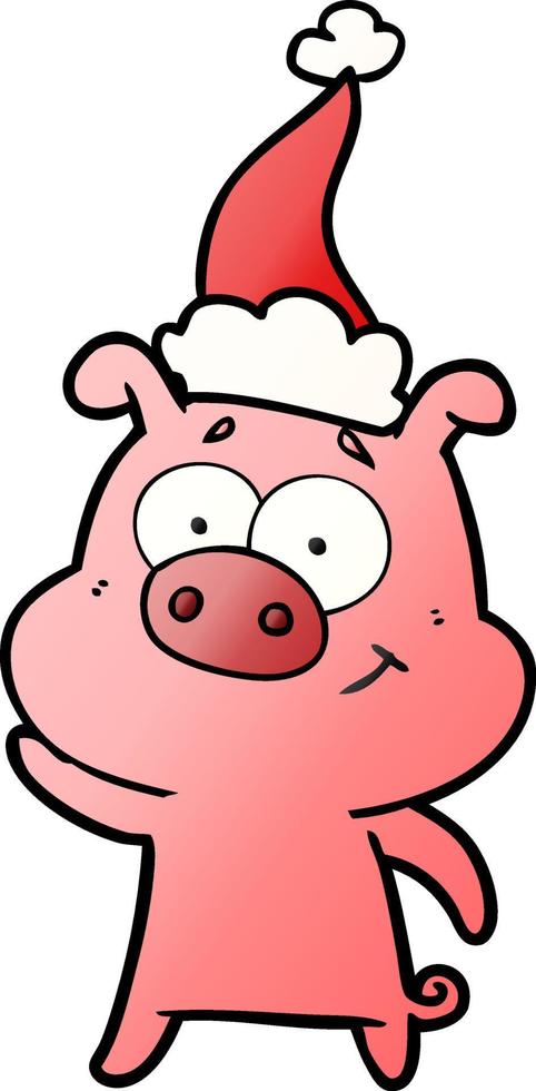 joyeux dessin animé dégradé d'un cochon portant un bonnet de noel vecteur