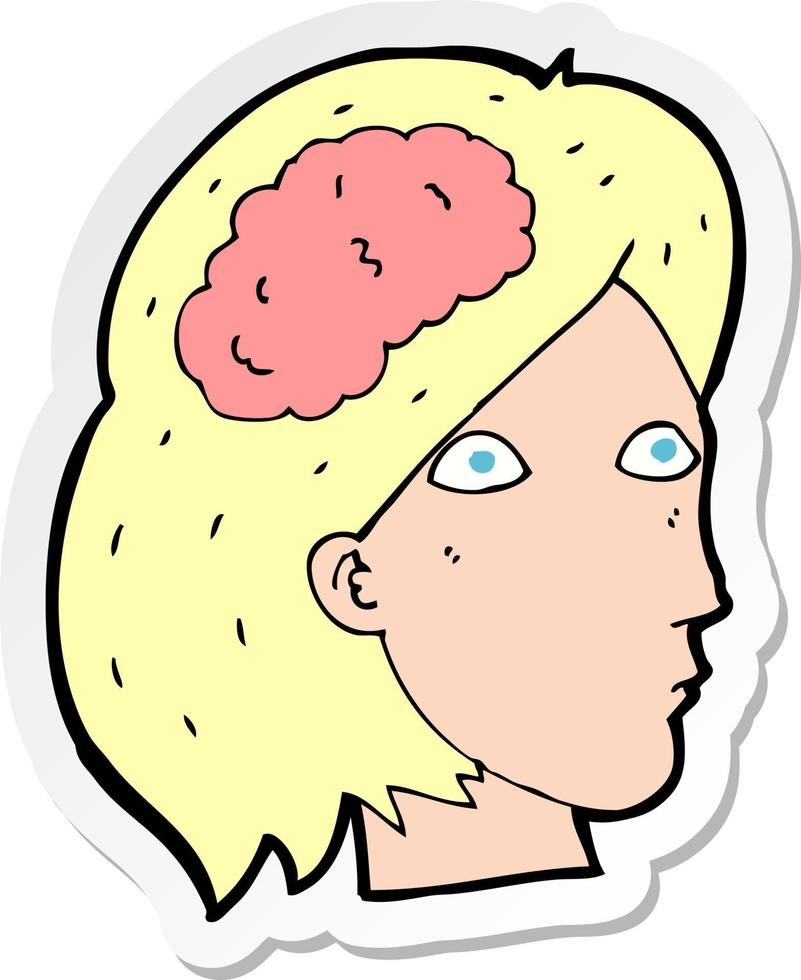 autocollant d'une tête de femme de dessin animé avec le symbole du cerveau vecteur