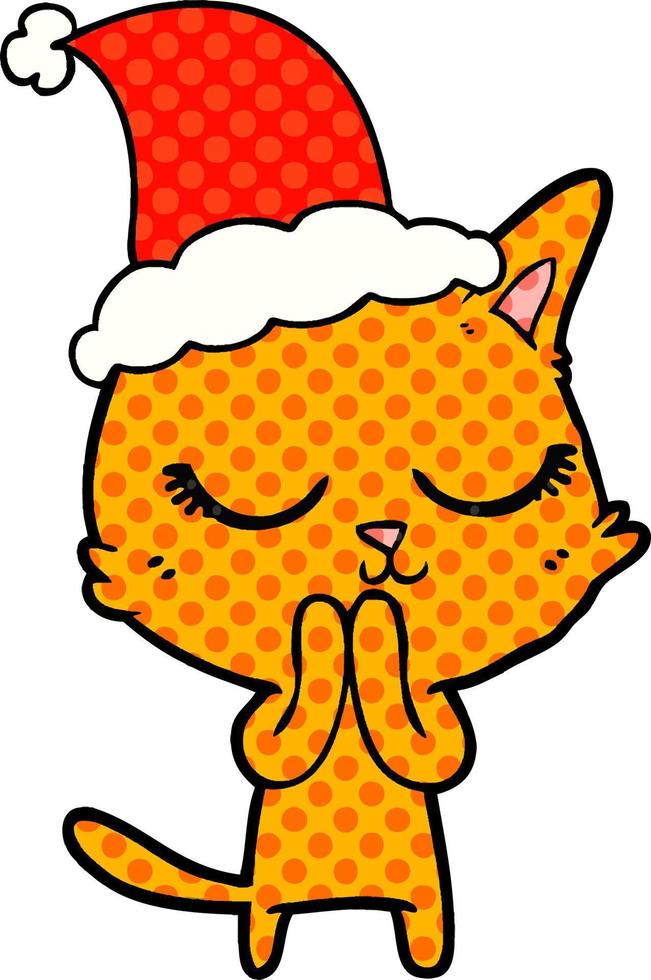 illustration de style bande dessinée calme d'un chat portant un bonnet de noel vecteur