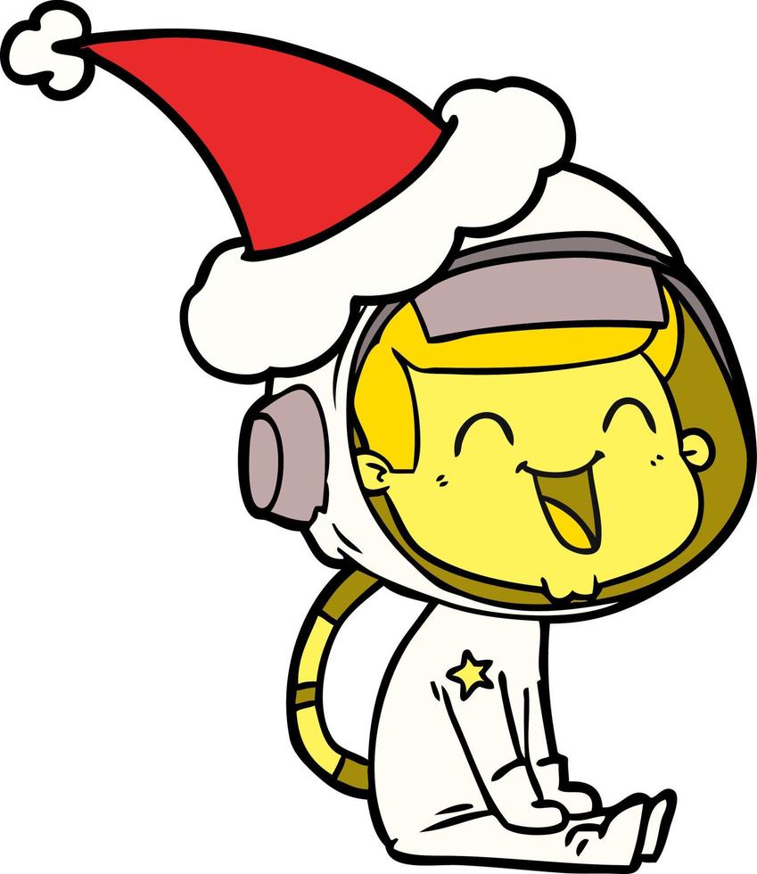 heureux dessin au trait d'un astronaute portant un bonnet de noel vecteur