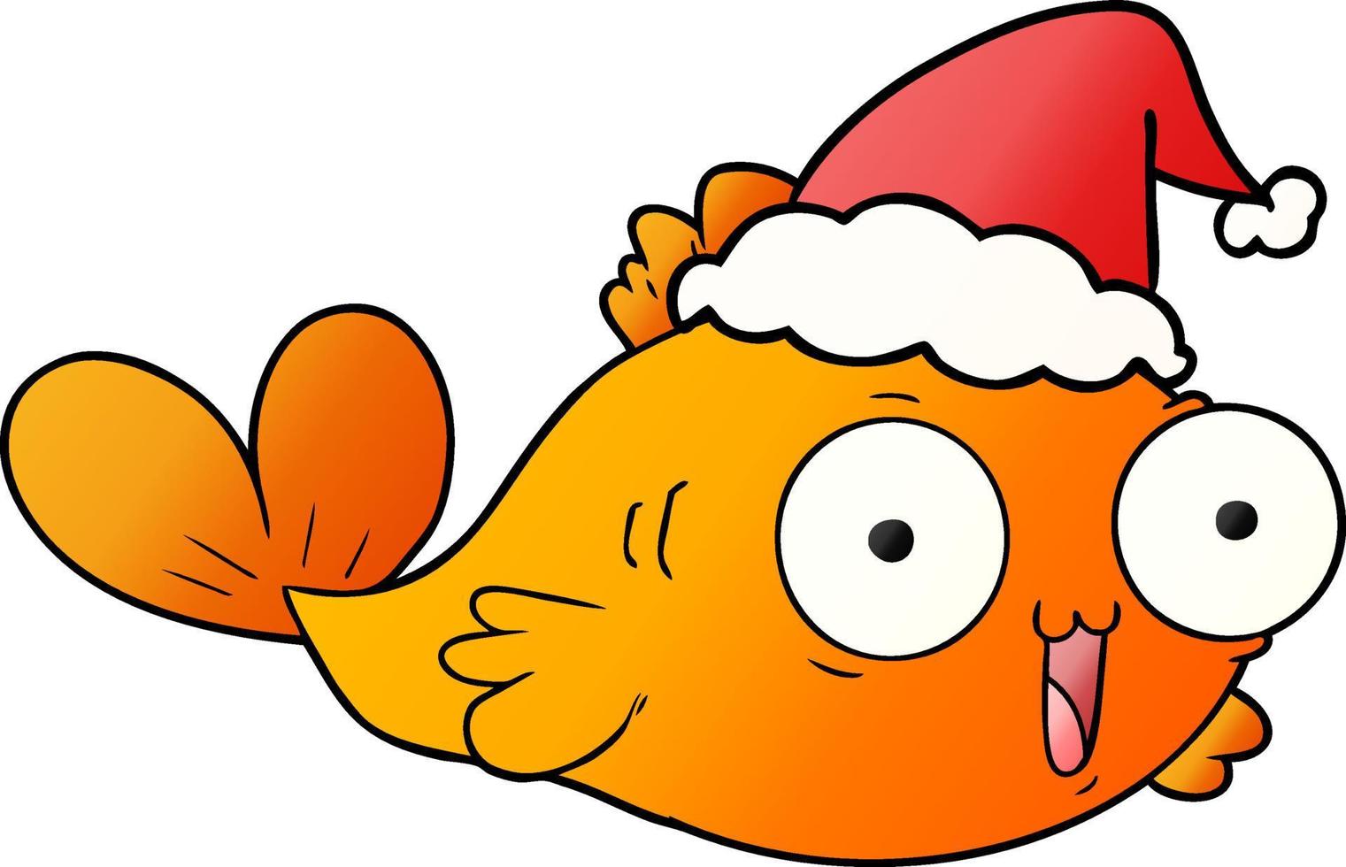 joyeux dessin animé dégradé de poisson rouge portant un bonnet de noel vecteur