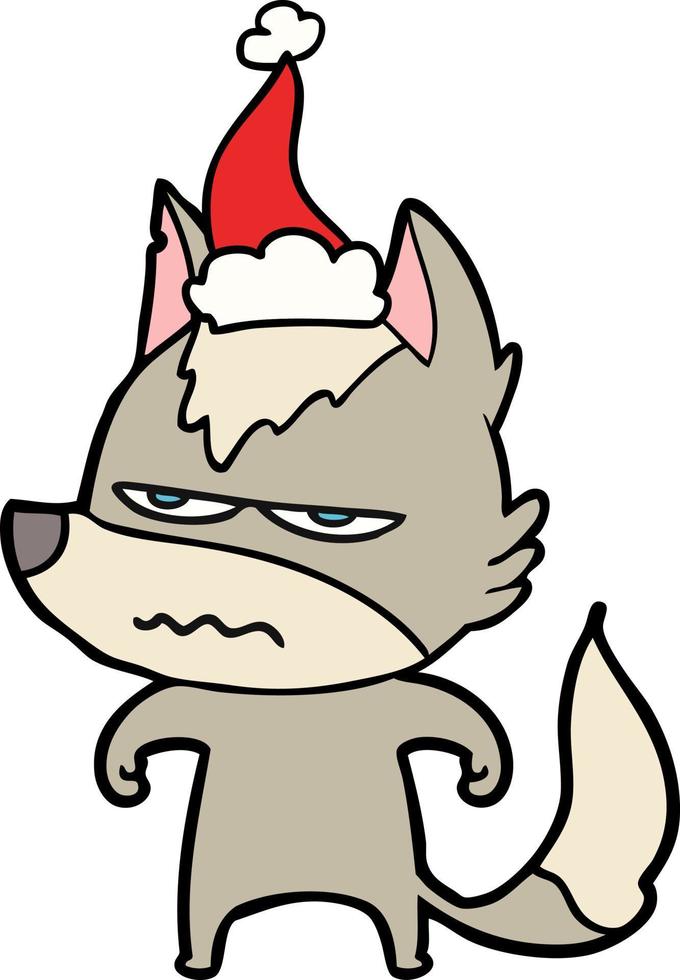 dessin au trait d'un loup agacé portant un bonnet de noel vecteur