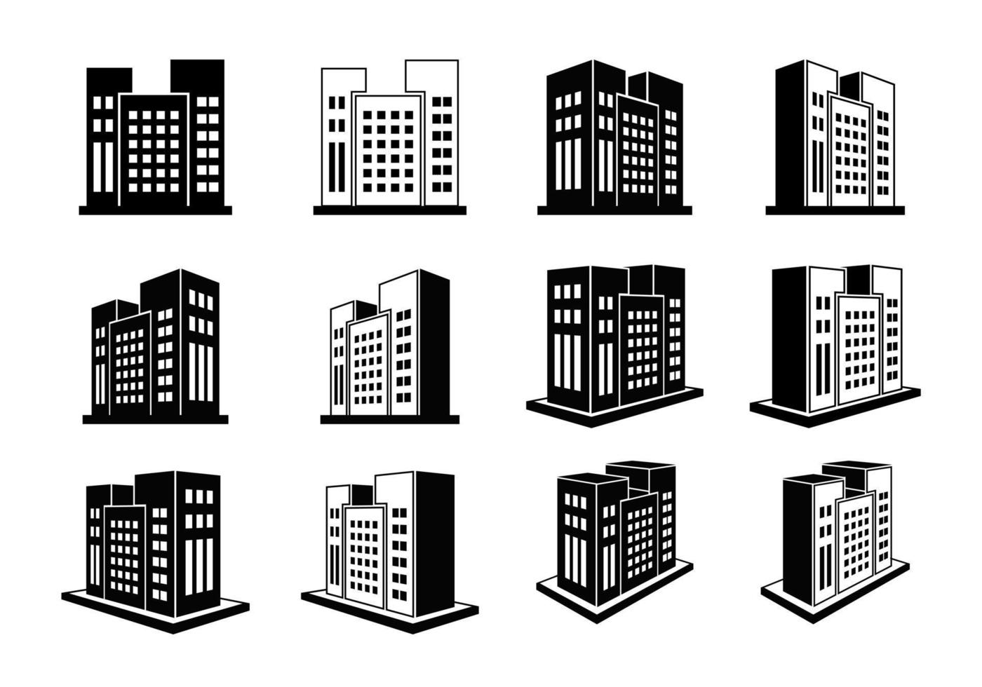 Ensemble vectoriel d'icônes de bâtiments et d'entreprise 3d, collection de bureaux isolés noirs sur fond blanc