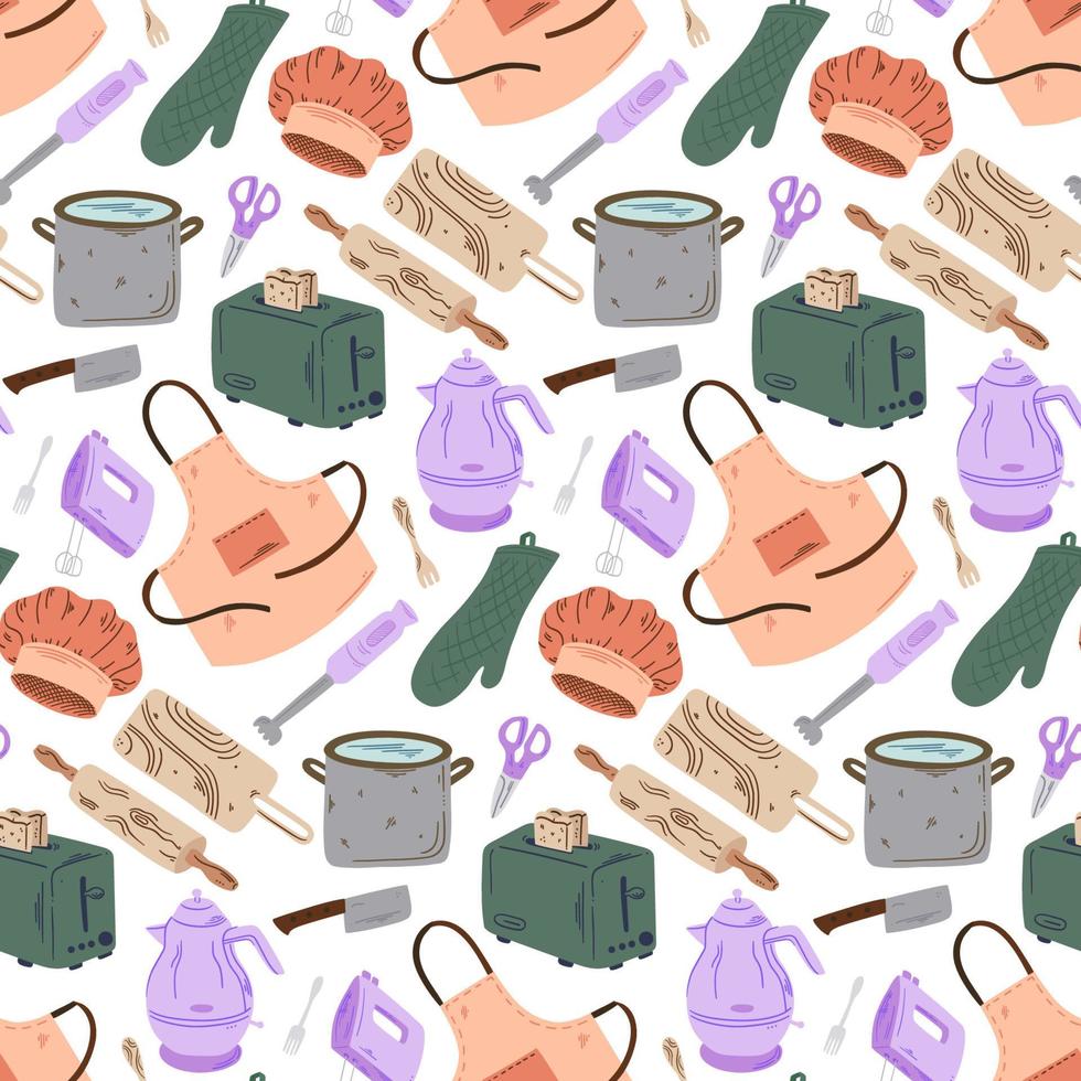 modèle sans couture d'outils de cuisine et de cuisine dans un style doodle. fond de vecteur avec des outils de cuisson en couleurs