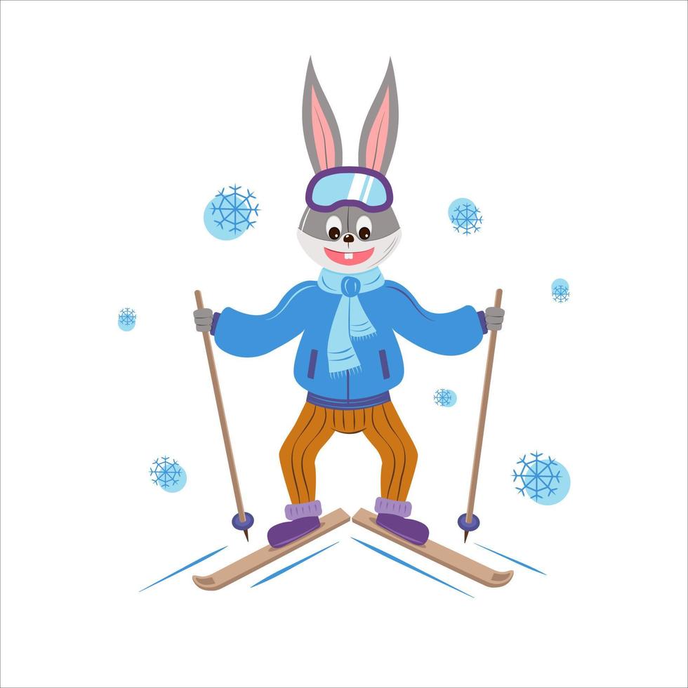 lièvre à skis. lapin - le symbole de l'année 2023. illustration d'hiver. vecteur. pour calendriers, t-shirts, bannières, autocollants, dépliants, affiches, livres. vecteur